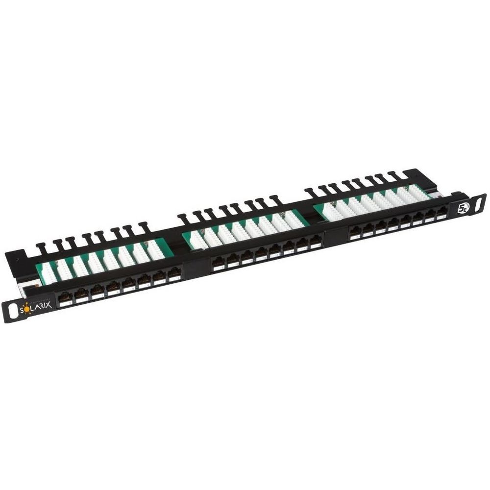 SOLARIX patch panel, CAT5E, 24 x RJ45, UTP, s vyvazovací lištou, černý, 0,5U