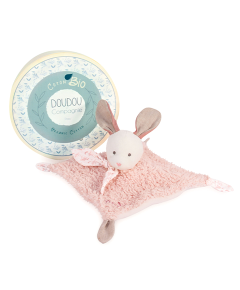 Doudou Dárková sada - Plyšový králíček s růžovou dečkou z BIO bavlny 25 cm