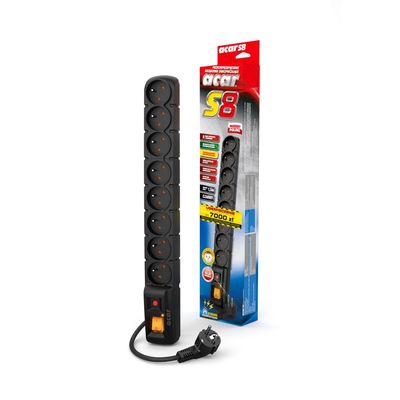 Acar S8 3m kabel, 8 zásuvek, přepěťová ochrana, černá