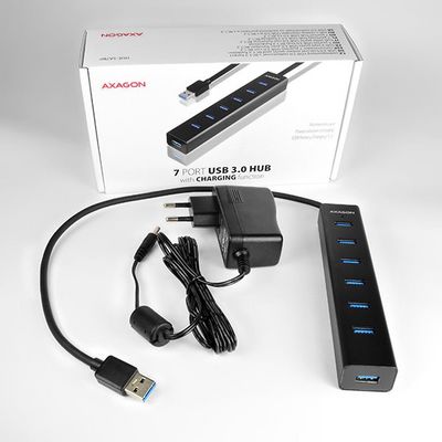 AXAGON HUE-SA7BP 7x USB3.0 Alu Charging hub, černý