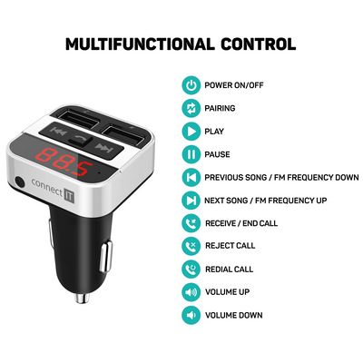 CONNECT IT InCarz Bezdrátový FM transmitter, 2xUSB+3.5mm AUX, STŘÍBRNÝ