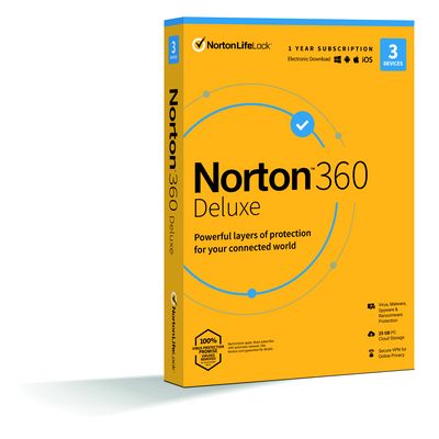 NORTON 360 DELUXE 25GB CZ 1uživatel, pro 3 zařízení, na 12 měsíců, box