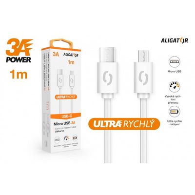 Datový kabel ALIGATOR POWER 3A, USB-C/micro USB 1m bílý