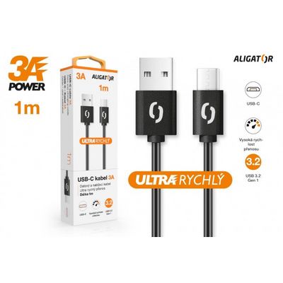 Datový kabel ALIGATOR POWER 3A, USB-C , 1m černý