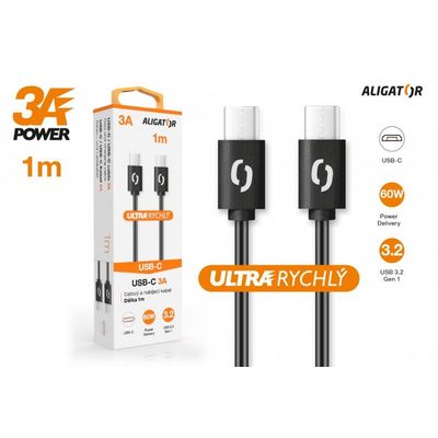 Datový kabel ALIGATOR POWER 3A, USB-C/USB-C, 1m černý