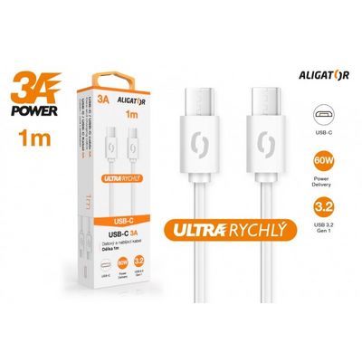 Datový kabel ALIGATOR POWER 3A, USB-C/USB-C, 1m bílý