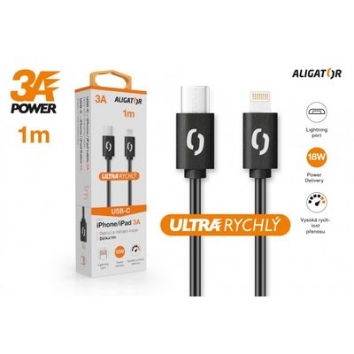 Datový kabel ALIGATOR POWER 3A, USB-C/Lightning, 1m černý