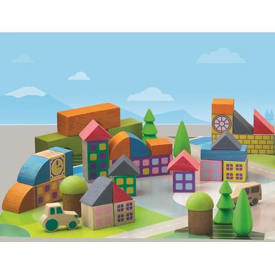 Jeujura Dřevěná stavebnice Vesnička z kostek 40 dílů