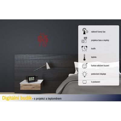 TFA Rádiem řízený digitální budík s projekcí,zobrazením vnitřní teploty a podsvětleným displejem