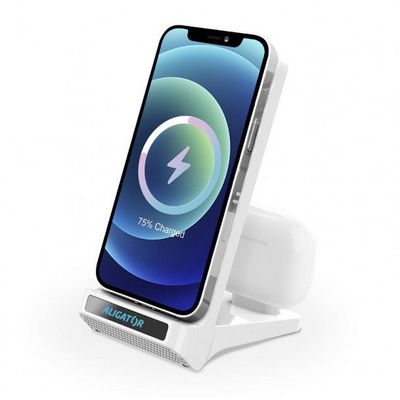 Aligator stojánek s bezdrátovým nabíjením 15W a USB-C konektorem, 2v1, bílý