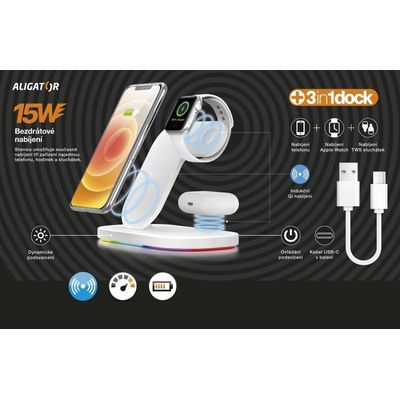 Bezdrátová Qi dok.stanice 3v1 Apple watch,15W,bílá
