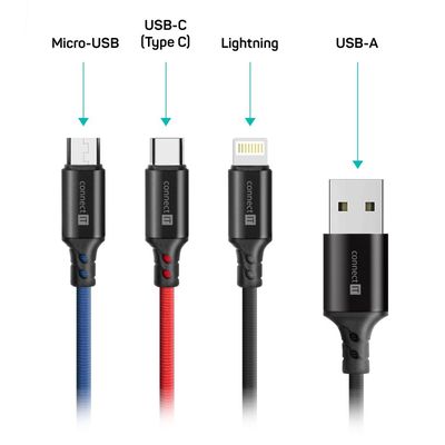 Connect IT Wirez 3in1 USB-C & microUSB & Lightning, 1.2m