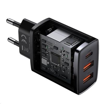 Baseus kompaktní rychlonabíjecí adaptér 2x USB-A, 1x USB-C 30W černá