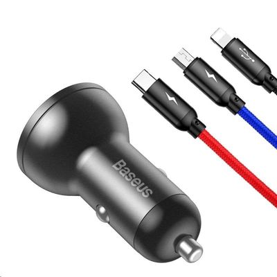 Baseus Digital Display set duálního adaptéru do automobilu 2* USB-A a opleteného kabelu 3v1 4,8A, černá