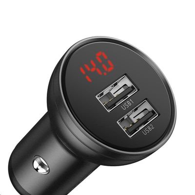 Baseus Digital Display set duálního adaptéru do automobilu 2* USB-A a opleteného kabelu 3v1 4,8A, černá