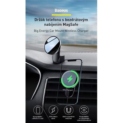 Baseus Big Energy držák s bezdrátovým nabíjením 15W černá (kompatibilní s Apple iPhone 12 Series)