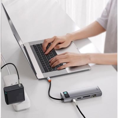 Baseus Metal Gleam Series 9v1 HUB USB-C (USB-C PD 100W, 3* USB 3.0, HDMI, VGA, RJ45, SD/TF port), šedá