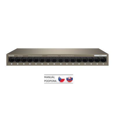 Tenda TEG1016M 16-port Gigabit Switch, 16x 10/100/1000 Mb/s, Fanless, MAC 8K, napájení AC/DC, i zeď