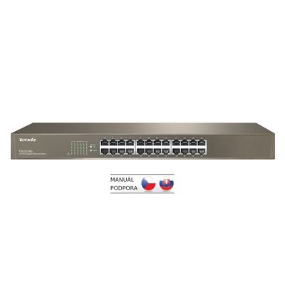 Tenda TEG1024G 24x Gigabit Switch, Fanless-bez ventilátorů, Rackmount 19, ochrana proti přepětí