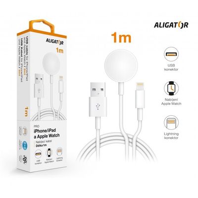 Aligator nabíjecí kabel 2v1 pro iPhone/iPad a Apple Watch, bílý