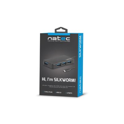 Natec rozbočovač Silkworm, USB-C 4x USB 3.0 HUB, černý