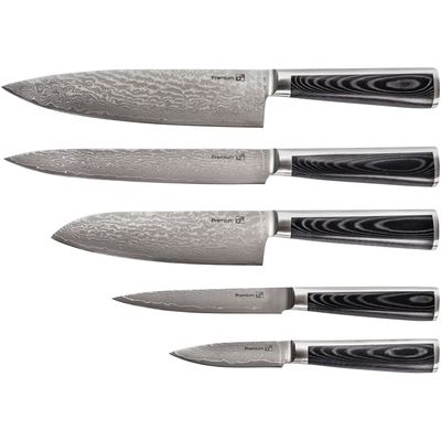 G21 Sada nožů Damascus Premium v bambusovém bloku, Box, 5 ks + brusný kámen