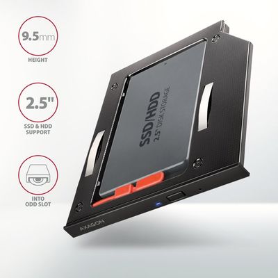 AXAGON RSS-CD09 rámeček pro 2.5 SSD/HDD do DVD slotu, 9.5 mm, LED, hliník