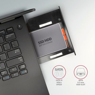 AXAGON RSS-CD09 rámeček pro 2.5 SSD/HDD do DVD slotu, 9.5 mm, LED, hliník