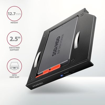 AXAGON RSS-CD12 rámeček pro 2.5 SSD/HDD do DVD slotu, 12.7 mm, LED, hliník