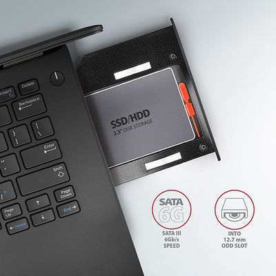 AXAGON RSS-CD12 rámeček pro 2.5 SSD/HDD do DVD slotu, 12.7 mm, LED, hliník
