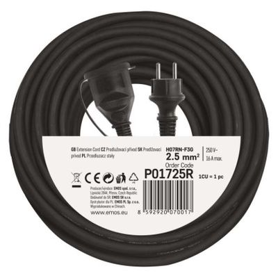 Venkovní prodlužovací kabel 25m / 1 zásuvka / černý / guma-neopren / 230 V / 2,5mm2