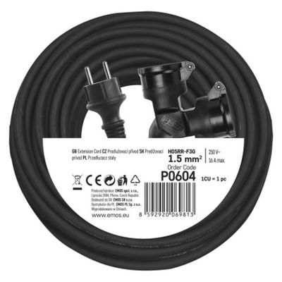 Venkovní prodlužovací kabel 25m / 2 zásuvky / černý / guma / 230 V / 1,5mm2