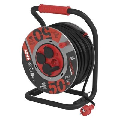 Venkovní prodlužovací kabel na bubnu 50m / 4 zás. / černý / guma-neopren / 230V / 1,5mm2