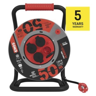 Venkovní prodlužovací kabel na bubnu 50m / 4 zás. / černý / guma-neopren / 230V / 1,5mm2