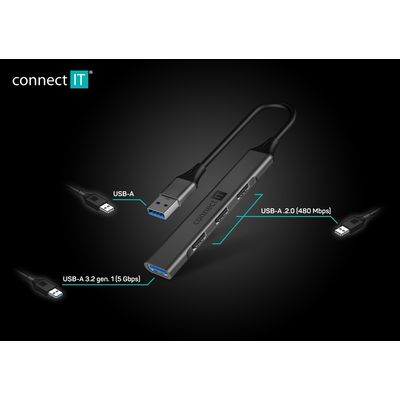 Connect IT USB-A hub, (1xUSB-A 3.0, 3xUSB-A 2.0), externí, antracitový