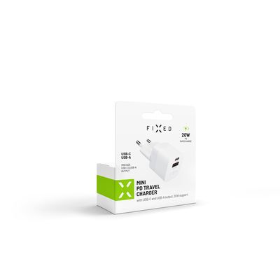 Síťová nabíječka FIXED Mini s USB-C a USB výstupem, podpora PD a QC 3.0, 20W, bílá