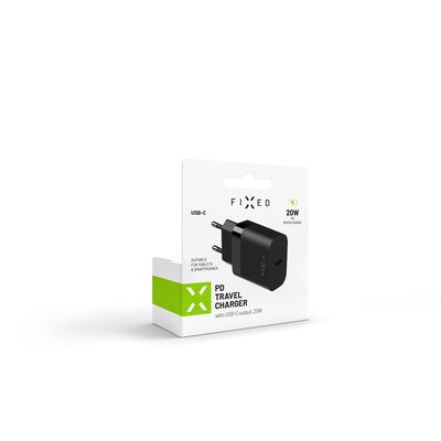 Síťová nabíječka FIXED s USB-C výstupem a podporou PD, 20W, černá