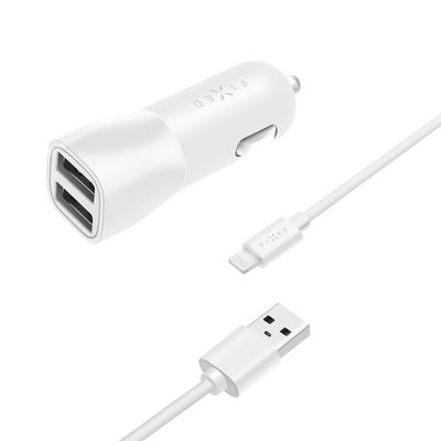 Set autonabíječky FIXED s 2xUSB výstupem a USB/Lightning kabelu, 1 metr, MFI certifikace, 15W Smart Rapid Charge, bílá