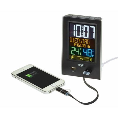 TFA 60.2537.01 - Budík s ukazatelem vnitřní teploty a vlhkosti a USB výstupem pro dobíjení mobilních zařízení