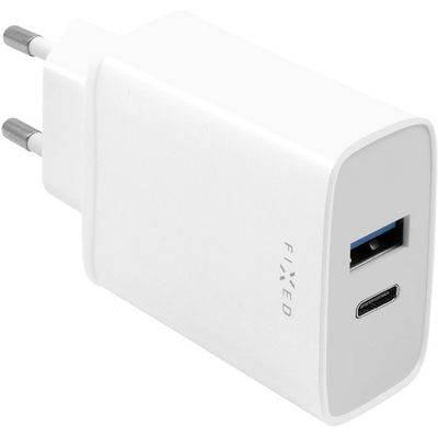 FIXED síťová nabíječka s USB-C a USB výstupem, podpora PD, 30W, bílá