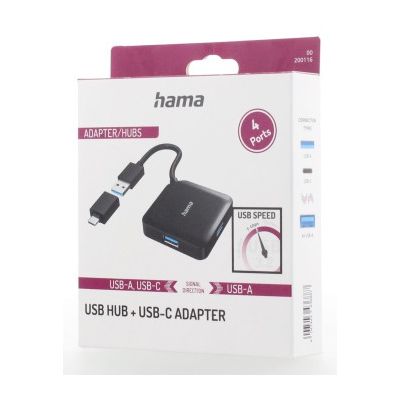 Hama USB hub, 4 porty, USB 3.2 Gen 1, USB-C adaptér
