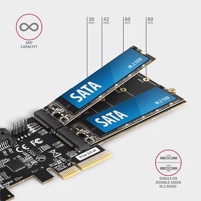 AXAGON PCES-SA4M2, PCIe řadič - 2x interní SATA 6G port + 2x SATA M.2 slot, ASM1164, SP & LP