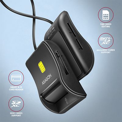 AXAGON CRE-SM3SD, USB-A FlatReader 4-slot čtečka Smart card (eObčanka) + SD/microSD/SIM, kabel 1.3 m