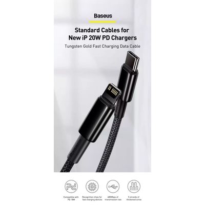 Baseus Tungsten Gold rychlonabíjecí / datový kabel USB-C na Lightning PD 20W 1m, černá