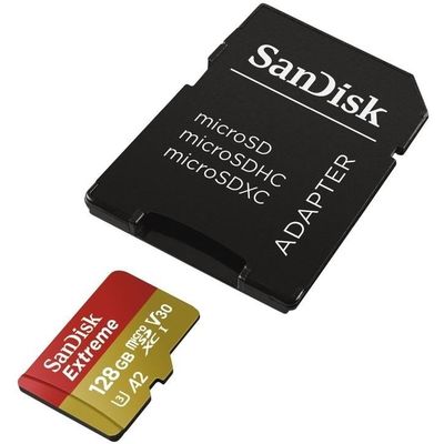 SanDisk Extreme Action Cams and Drones microSDXC 128GB 190MB/s A2 Class 10 V30 UHS-I U3, adapter