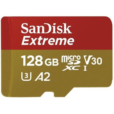 SanDisk Extreme Action Cams and Drones microSDXC 128GB 190MB/s A2 Class 10 V30 UHS-I U3, adapter