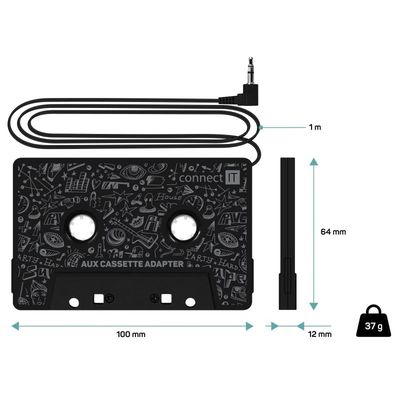 CONNECT IT AUX kazetový adaptér, 3,5 mm jack, ČERNÁ