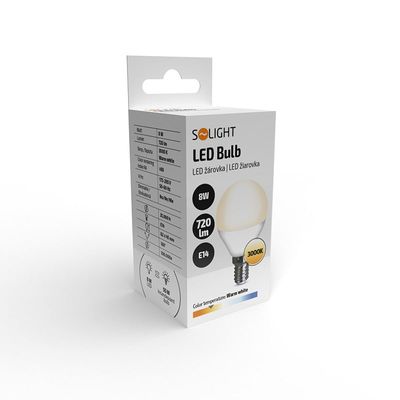 Solight LED žárovka, miniglobe, 8W, E14, 3000K, 720lm, bílé provedení