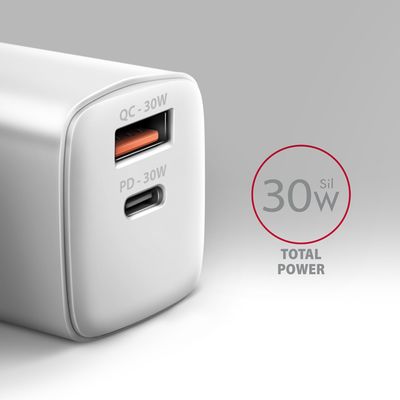 AXAGON ACU-PQ30W, Sil nabíječka do sítě 30W, 2x port (USB-A + USB-C), PD3.0/PPS/QC4+/SFC/AFC/Apple, bílá
