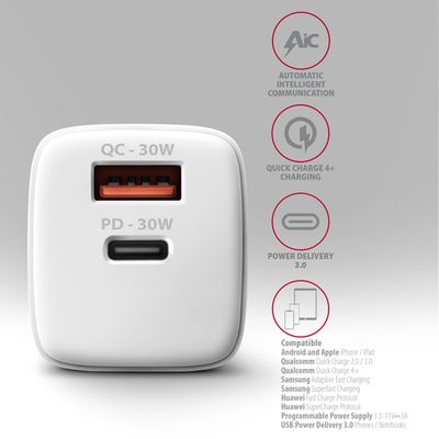 AXAGON ACU-PQ30W, Sil nabíječka do sítě 30W, 2x port (USB-A + USB-C), PD3.0/PPS/QC4+/SFC/AFC/Apple, bílá